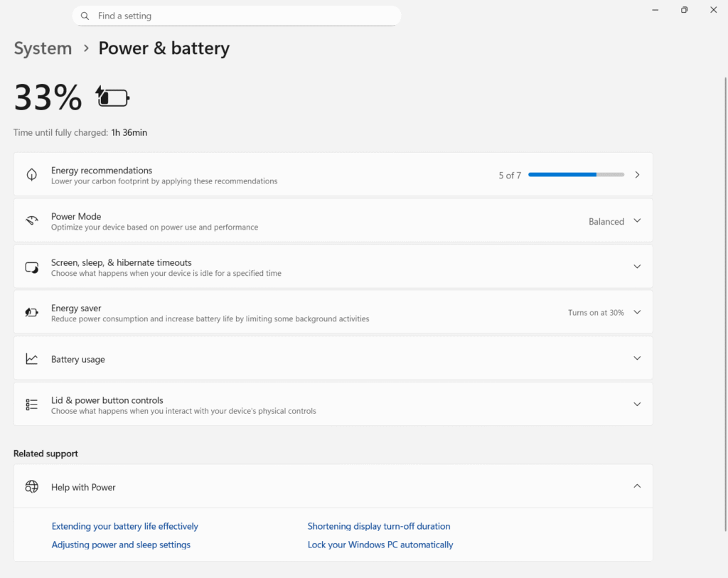 Windows 11 laptop battery draining fast – Power and Battery settings screenshot