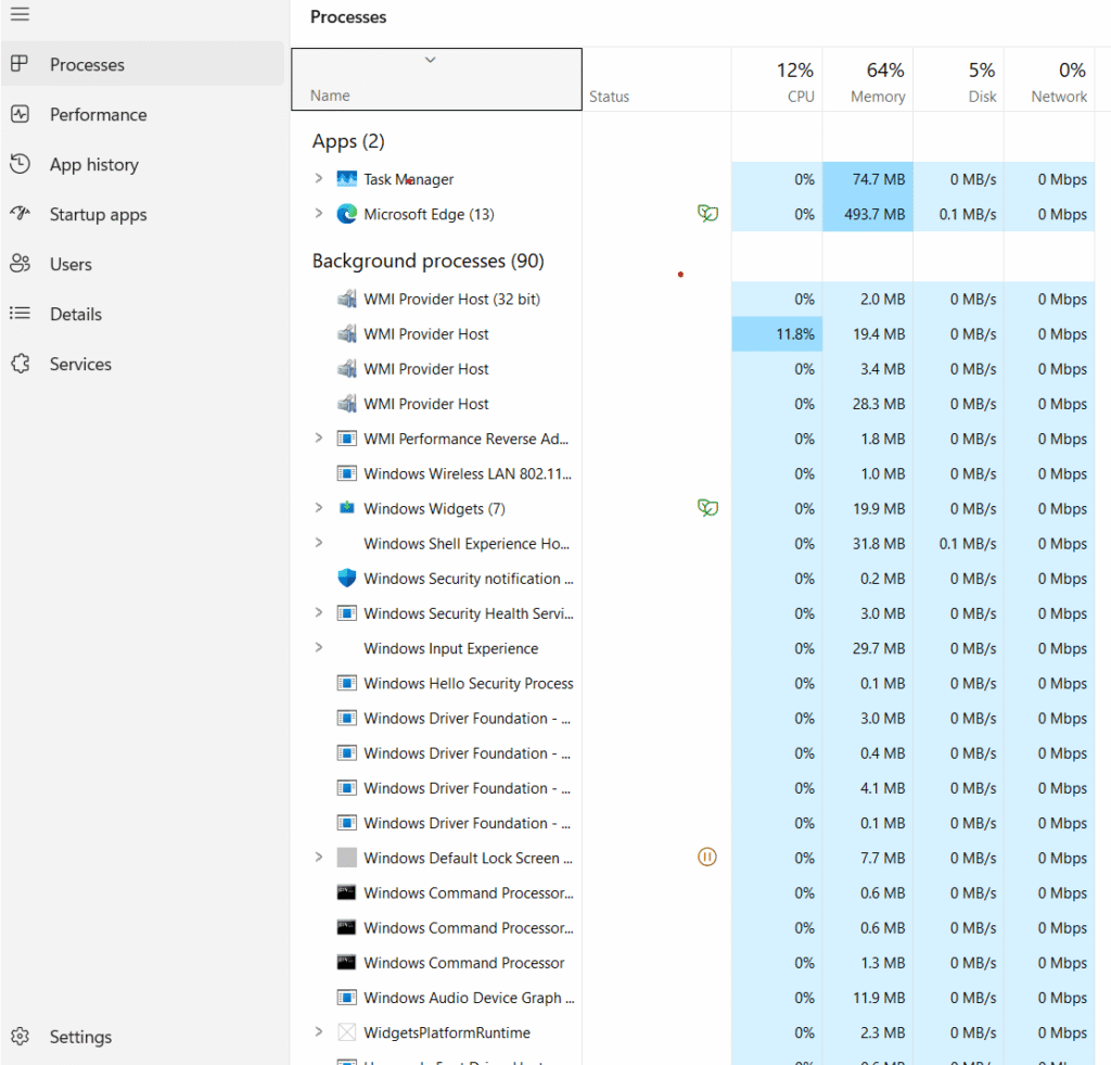Windows 11 Task Manager showing high RAM usage on 8GB laptop