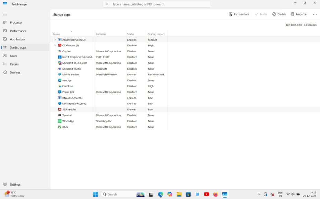 Windows 11 startup apps disabled using Task Manager to improve performance on 8GB RAM laptop
