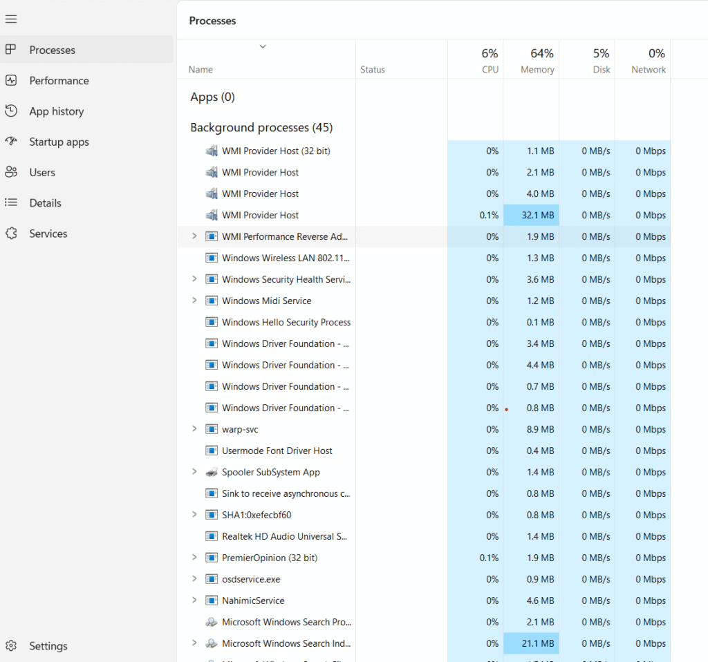 Windows 11 high RAM usage when idle shown in Task Manager